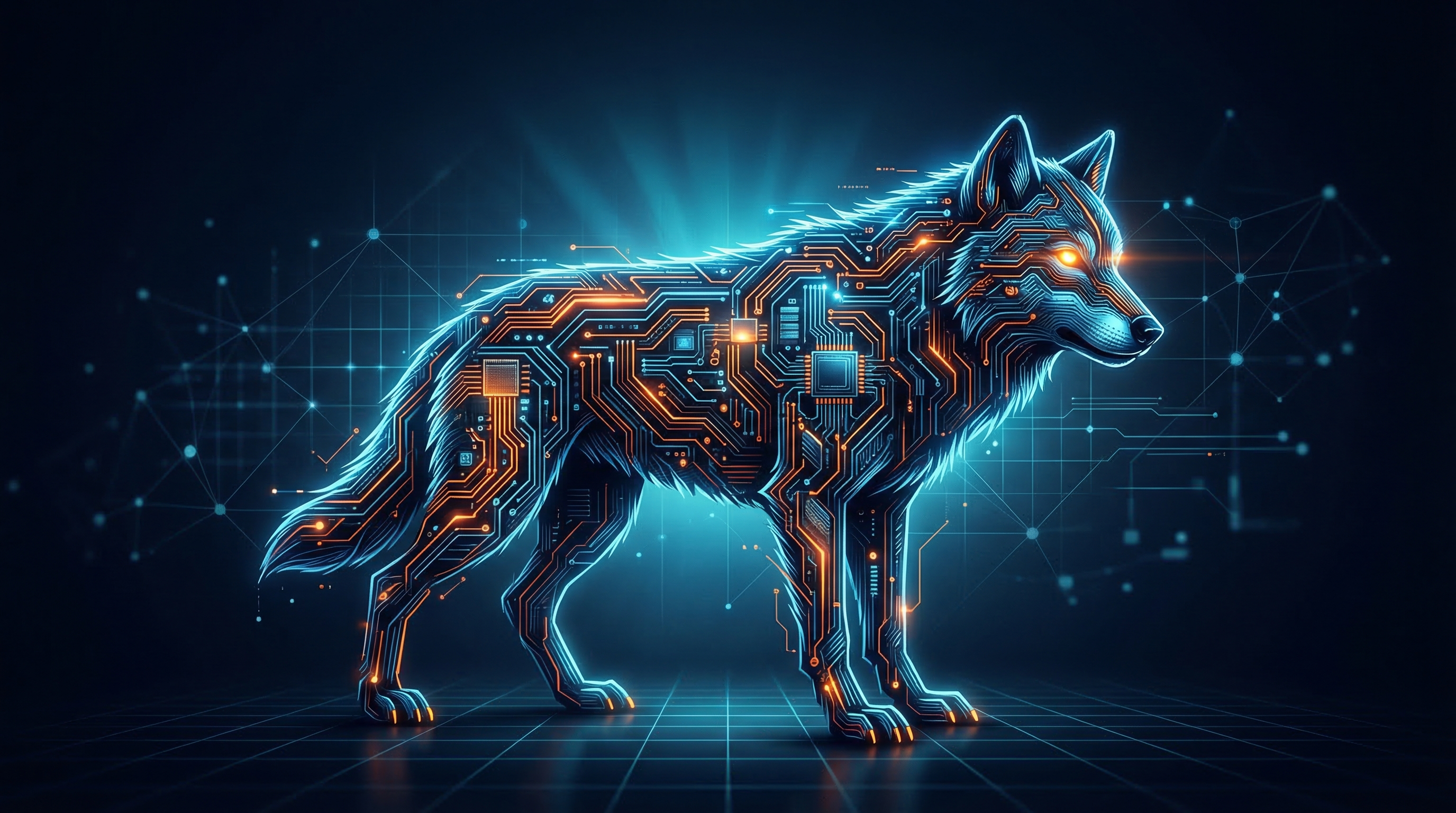 Wolf Intelligence — AI automation visualized as a wolf made of circuit board traces